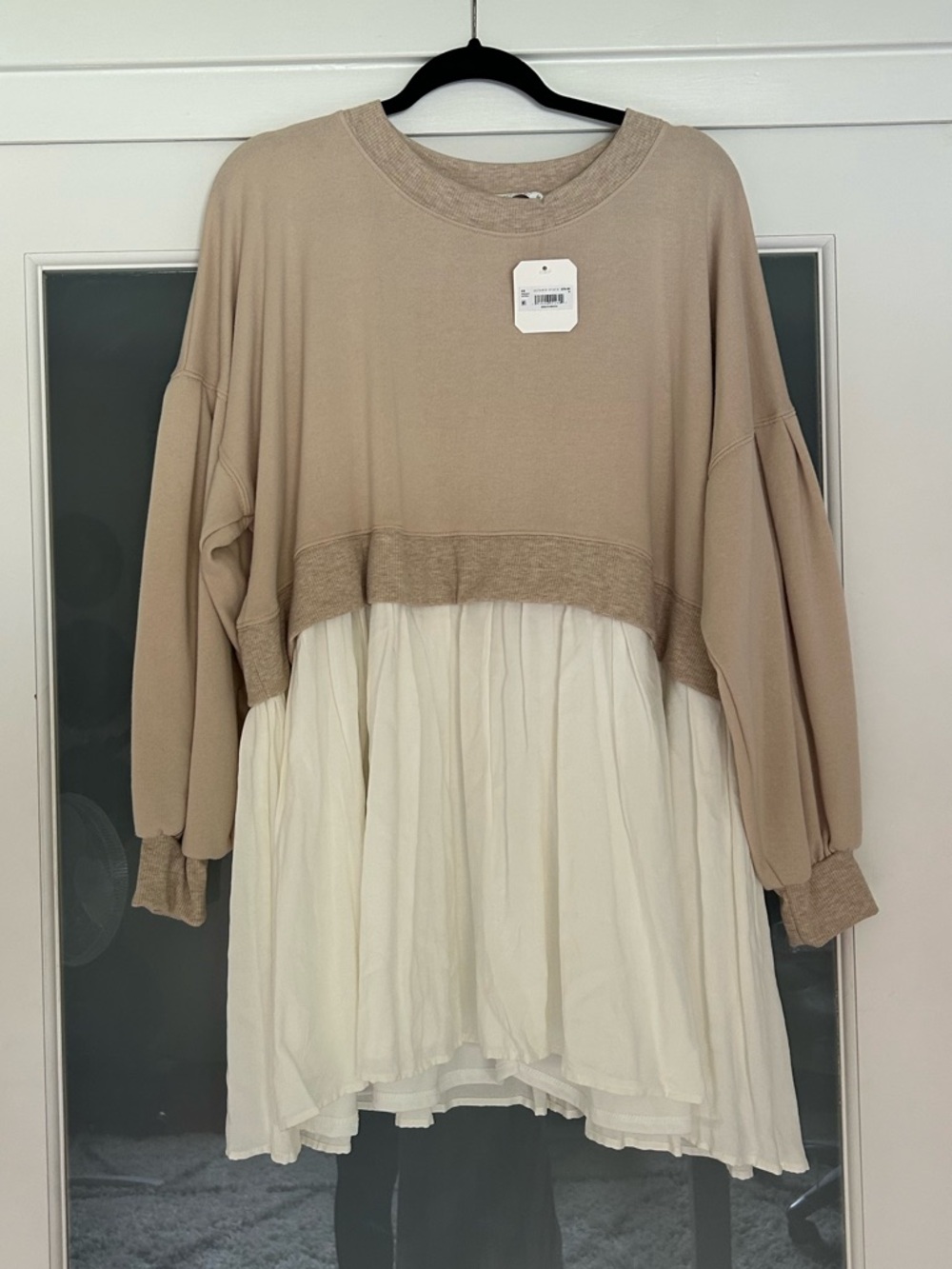 American Threads Two-Tone Beige and White Long Sleeve Dress